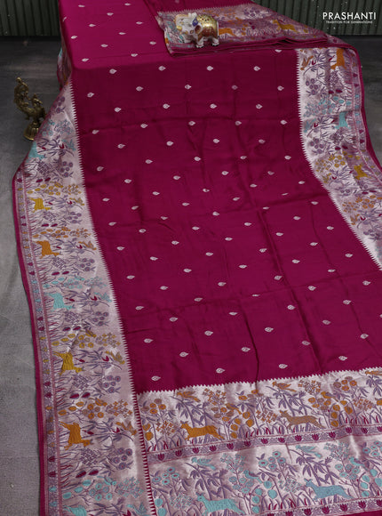 Banarasi raw silk saree pink with silver zari woven buttas and zari woven paithani style border