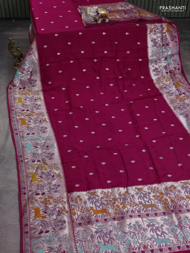 Banarasi raw silk saree pink with silver zari woven buttas and zari woven paithani style border