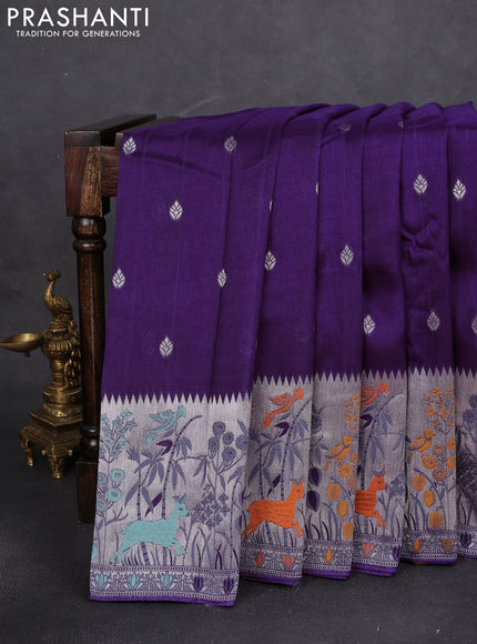 Banarasi raw silk saree violet with silver zari woven buttas and zari woven paithani style border