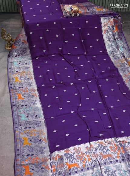 Banarasi raw silk saree violet with silver zari woven buttas and zari woven paithani style border