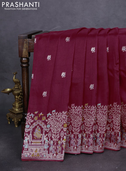 Banarasi raw silk saree maroon with silver zari woven buttas and zari woven paithani style border