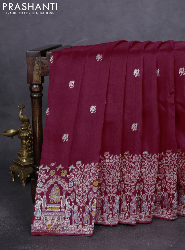 Banarasi raw silk saree maroon with silver zari woven buttas and zari woven paithani style border
