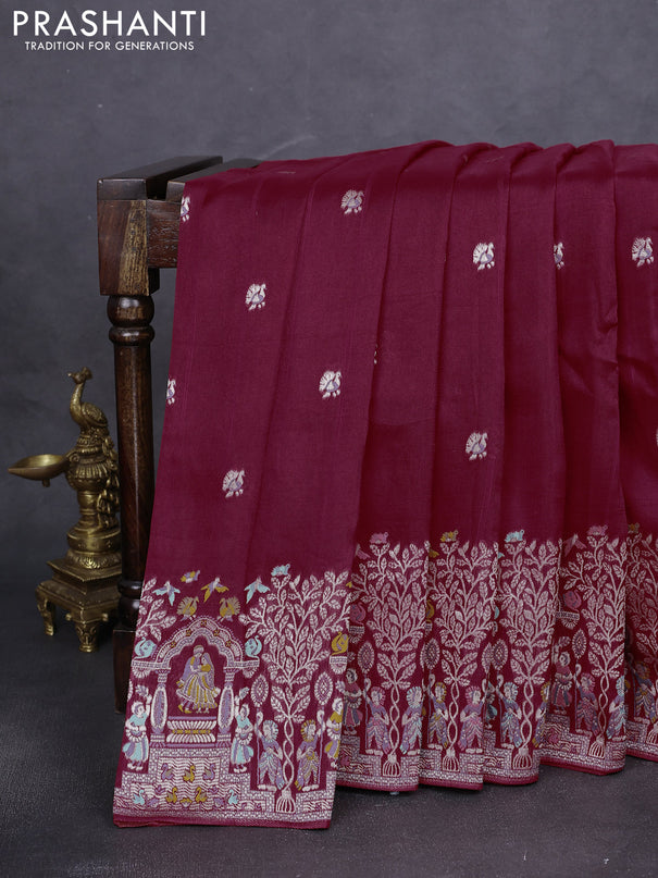 Banarasi raw silk saree maroon with silver zari woven buttas and zari woven paithani style border