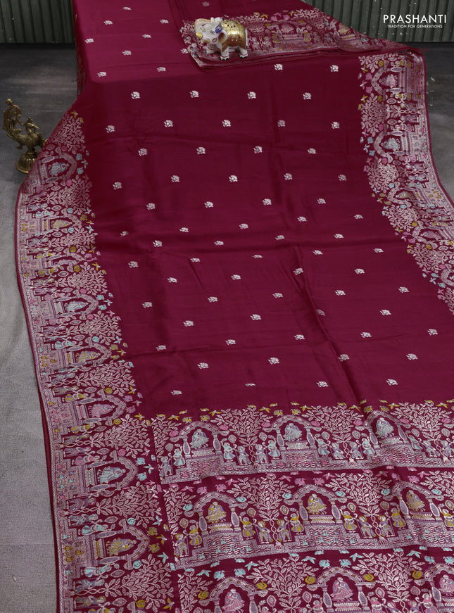 Banarasi raw silk saree maroon with silver zari woven buttas and zari woven paithani style border
