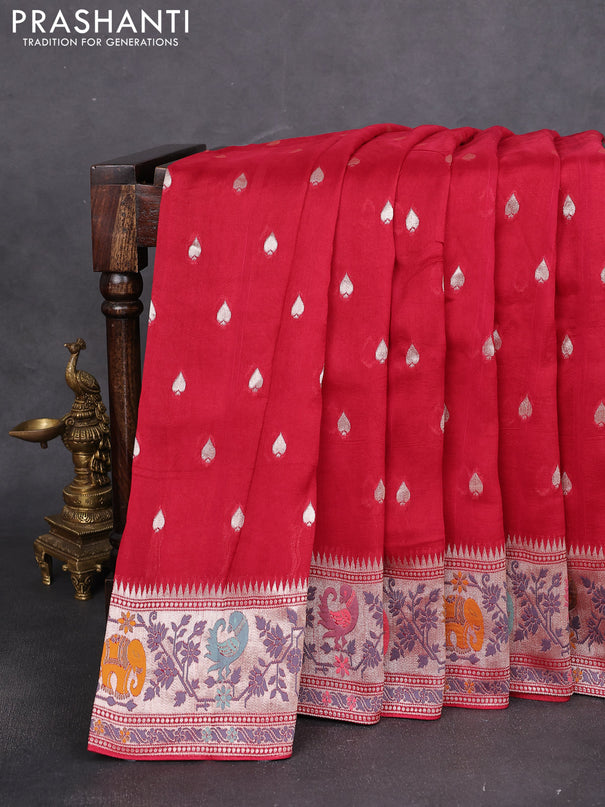 Banarasi raw silk saree maroon with silver zari woven buttas and zari woven paithani style border