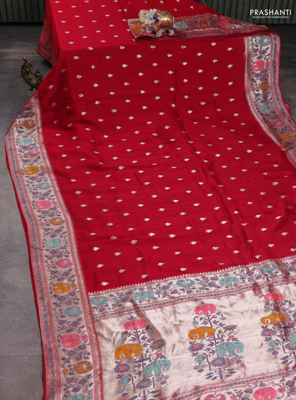 Banarasi raw silk saree maroon with silver zari woven buttas and zari woven paithani style border