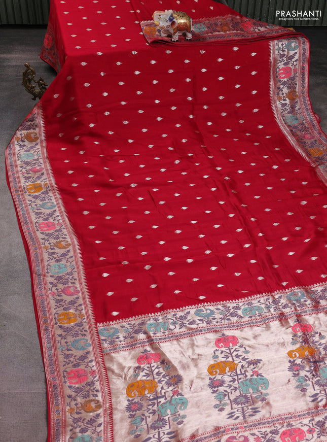 Banarasi raw silk saree maroon with silver zari woven buttas and zari woven paithani style border