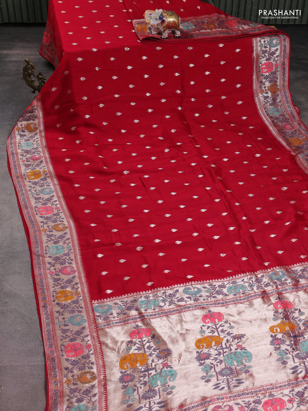 Banarasi raw silk saree maroon with silver zari woven buttas and zari woven paithani style border