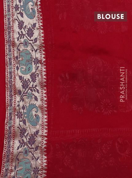 Banarasi raw silk saree maroon with silver zari woven buttas and zari woven paithani style border
