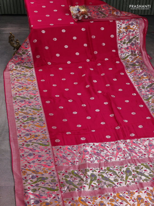 Banarasi raw silk saree pink with silver zari woven buttas and zari woven paithani style border