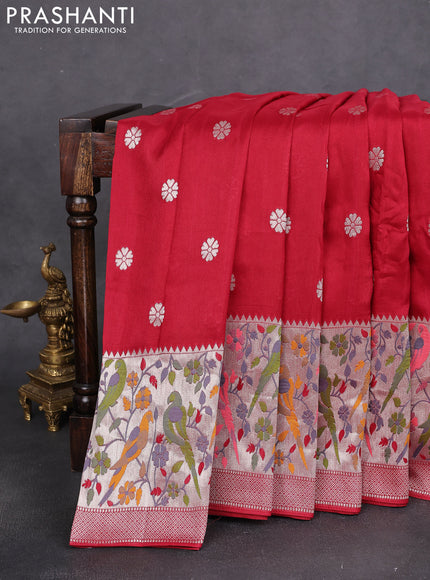 Banarasi raw silk saree red with silver zari woven buttas and zari woven paithani style border