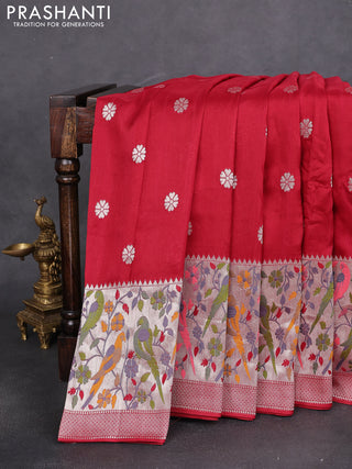 Banarasi raw silk saree red with silver zari woven buttas and zari woven paithani style border