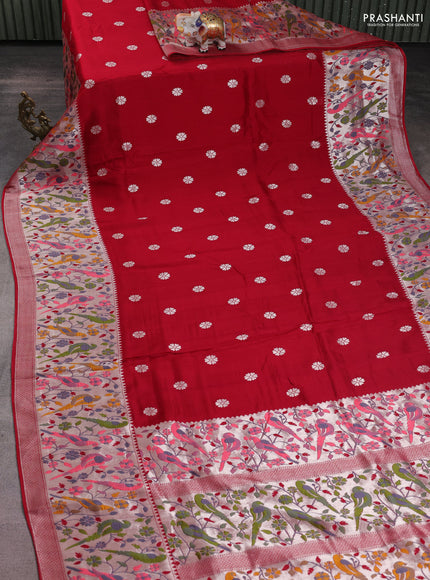 Banarasi raw silk saree red with silver zari woven buttas and zari woven paithani style border