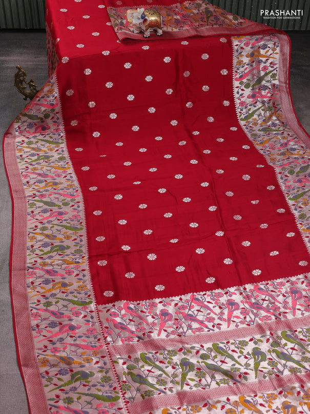 Banarasi raw silk saree red with silver zari woven buttas and zari woven paithani style border