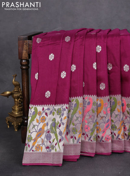 Banarasi raw silk saree purple with silver zari woven buttas and zari woven paithani style border