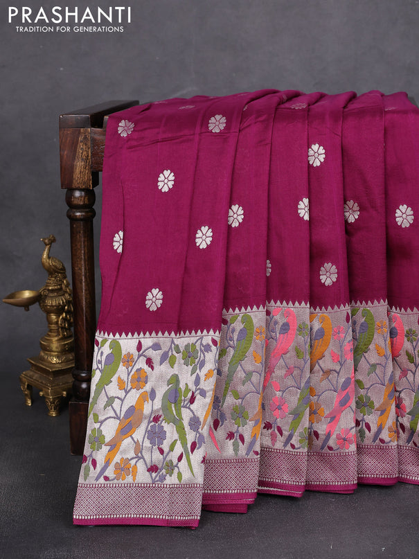 Banarasi raw silk saree purple with silver zari woven buttas and zari woven paithani style border