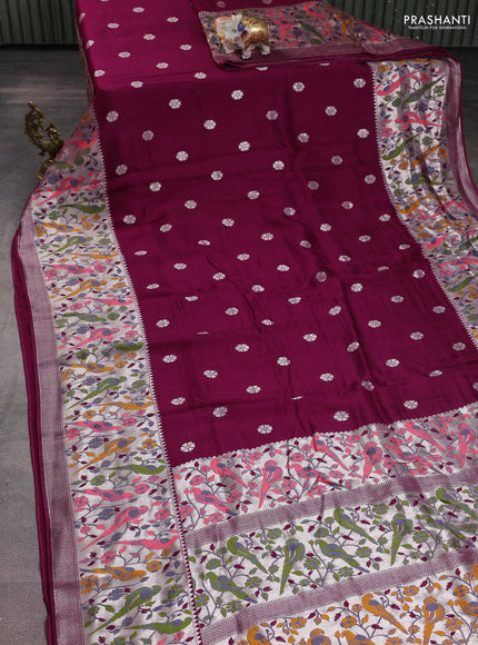 Banarasi raw silk saree purple with silver zari woven buttas and zari woven paithani style border