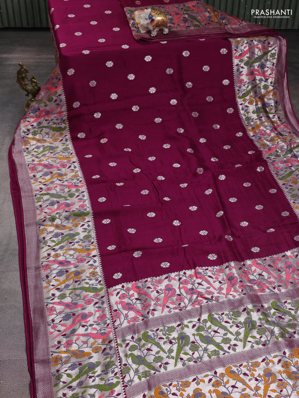 Banarasi raw silk saree purple with silver zari woven buttas and zari woven paithani style border