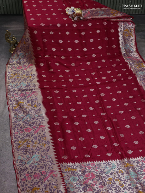 Banarasi raw silk saree maroon with zari woven buttas and zari woven paithani style border