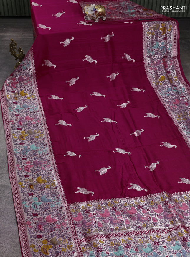 Banarasi raw silk saree pink with silver zari woven buttas and zari woven paithani style border