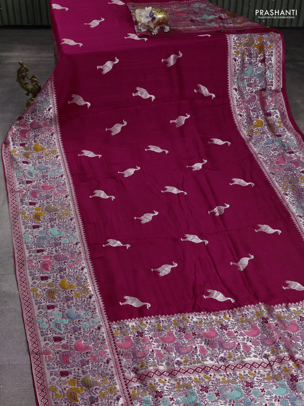 Banarasi raw silk saree pink with silver zari woven buttas and zari woven paithani style border
