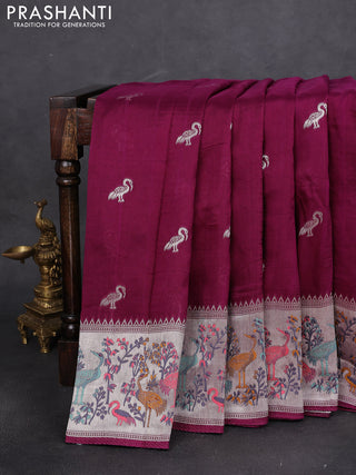 Banarasi raw silk saree purple with silver zari woven buttas and silver zari woven paithani style border