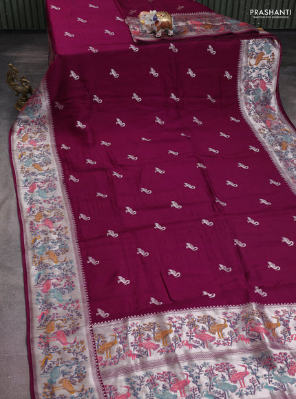 Banarasi raw silk saree purple with silver zari woven buttas and silver zari woven paithani style border