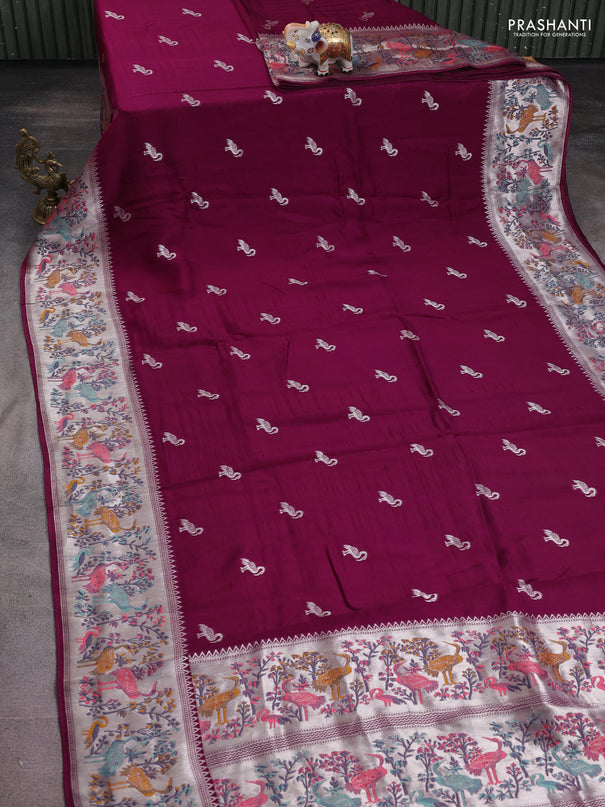 Banarasi raw silk saree purple with silver zari woven buttas and silver zari woven paithani style border