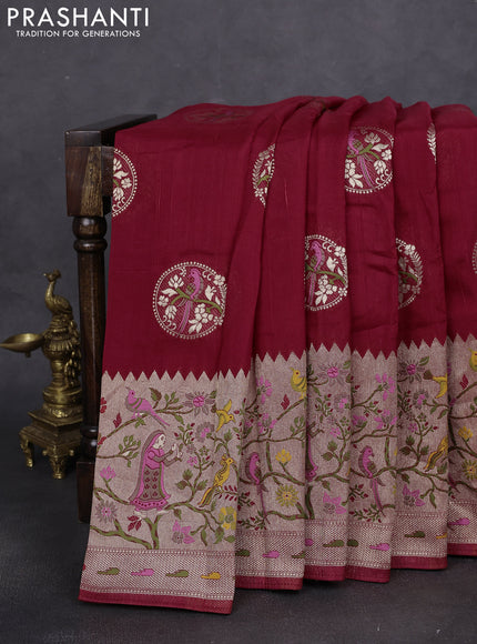 Banarasi raw silk saree maroon with woven buttas and zari woven paithani style border