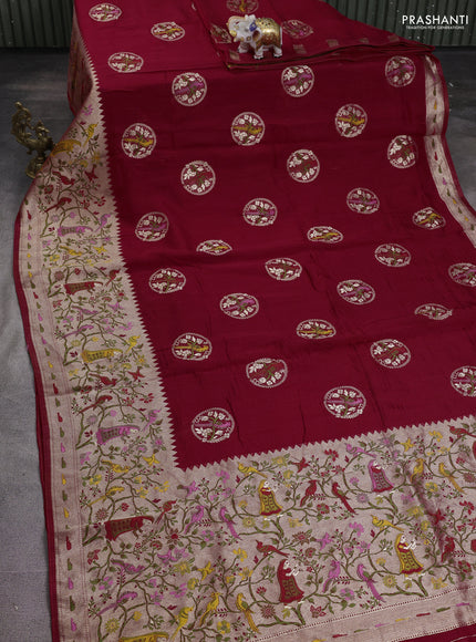 Banarasi raw silk saree maroon with woven buttas and zari woven paithani style border