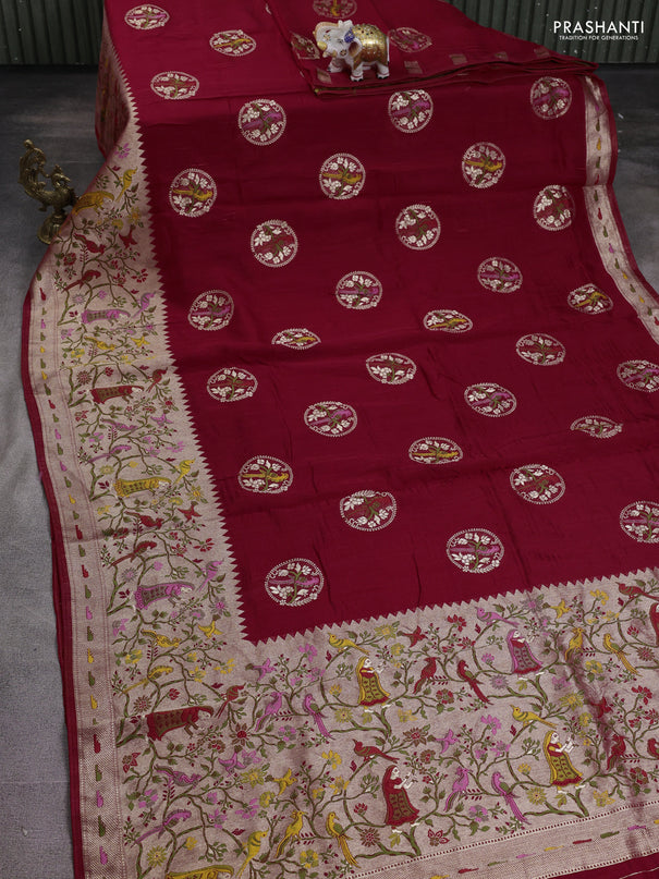 Banarasi raw silk saree maroon with woven buttas and zari woven paithani style border