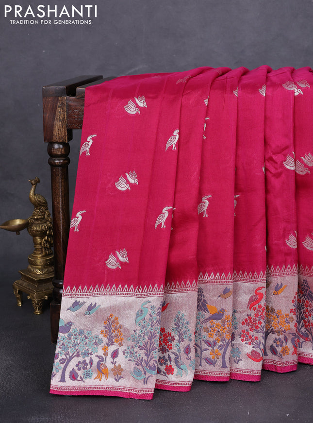 Banarasi raw silk saree pink with silver zari woven buttas and silver zari woven paithani style border