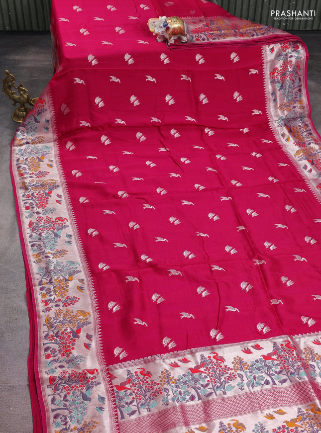 Banarasi raw silk saree pink with silver zari woven buttas and silver zari woven paithani style border