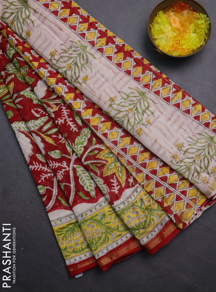 Chanderi bagru saree maroon with allover prints and small zari woven border