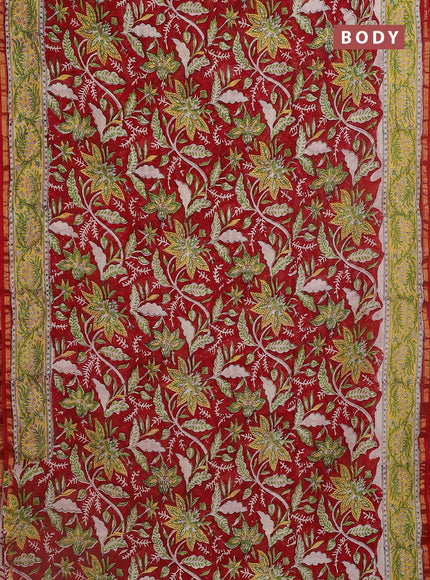 Chanderi bagru saree maroon with allover prints and small zari woven border