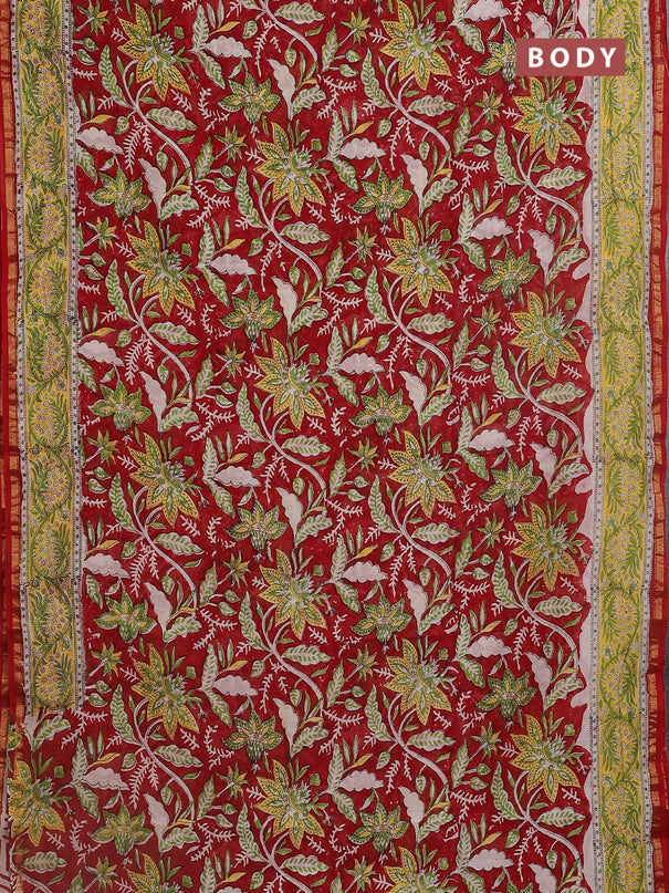 Chanderi bagru saree maroon with allover prints and small zari woven border