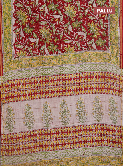 Chanderi bagru saree maroon with allover prints and small zari woven border