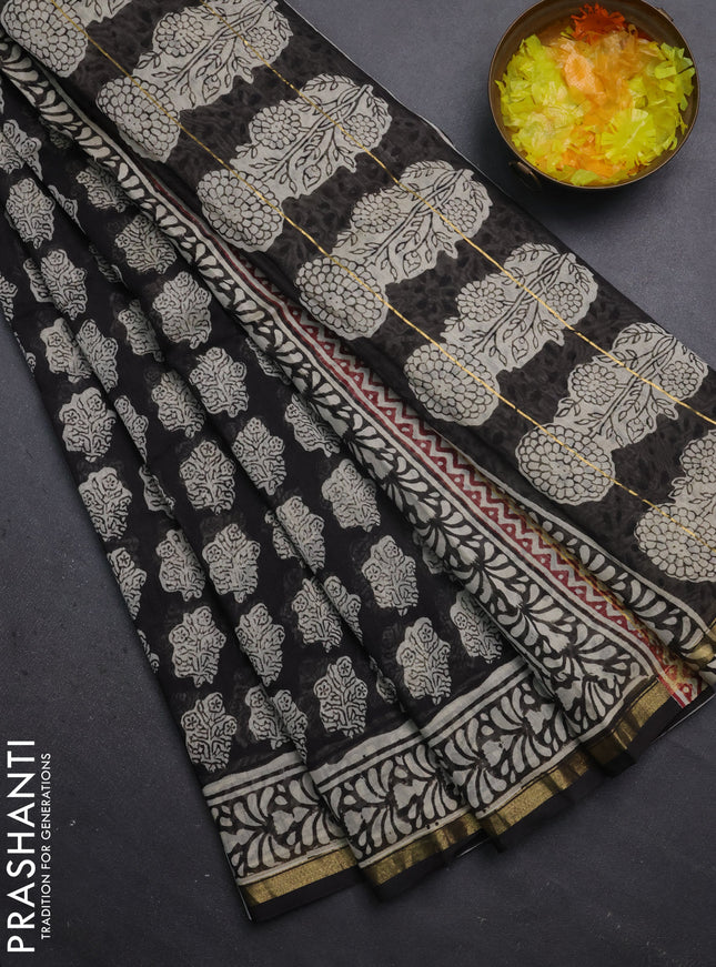 Chanderi bagru saree black with allover floral prints and small zari woven border