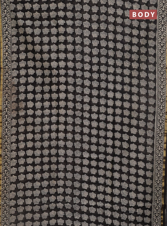 Chanderi bagru saree black with allover floral prints and small zari woven border
