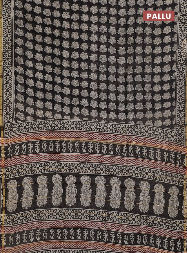 Chanderi bagru saree black with allover floral prints and small zari woven border