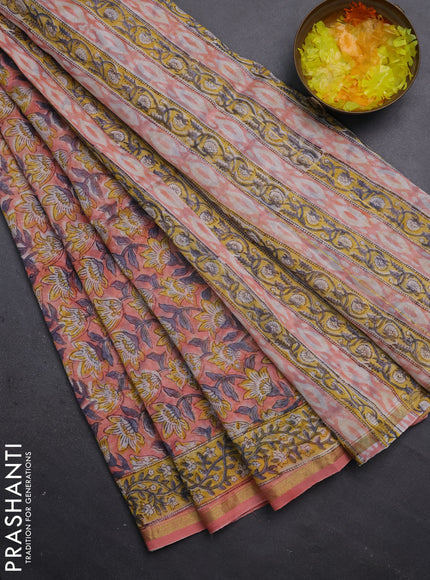 Chanderi bagru saree peach shade with allover floral prints and small zari woven border