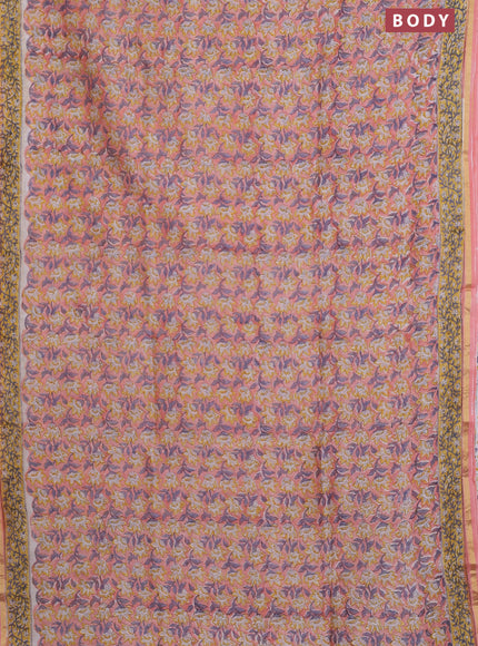 Chanderi bagru saree peach shade with allover floral prints and small zari woven border