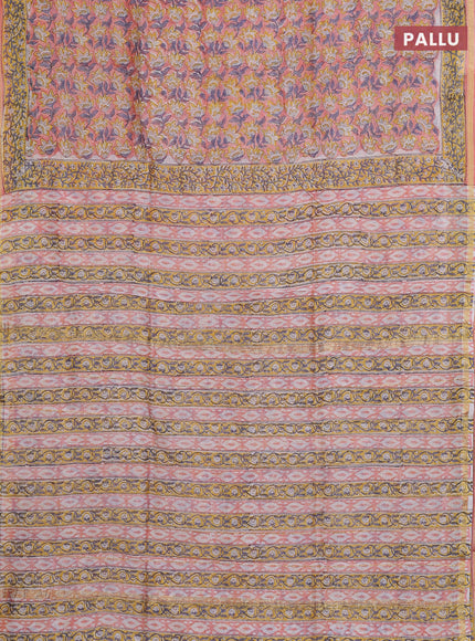 Chanderi bagru saree peach shade with allover floral prints and small zari woven border