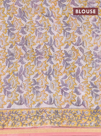 Chanderi bagru saree peach shade with allover floral prints and small zari woven border