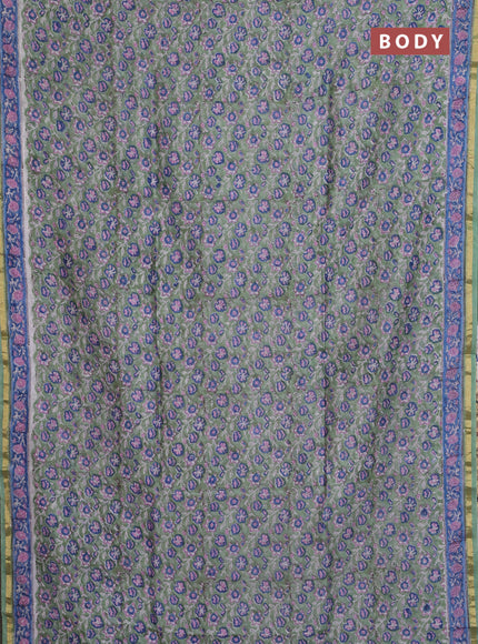 Chanderi bagru saree pastel green with allover floral prints and small zari woven border