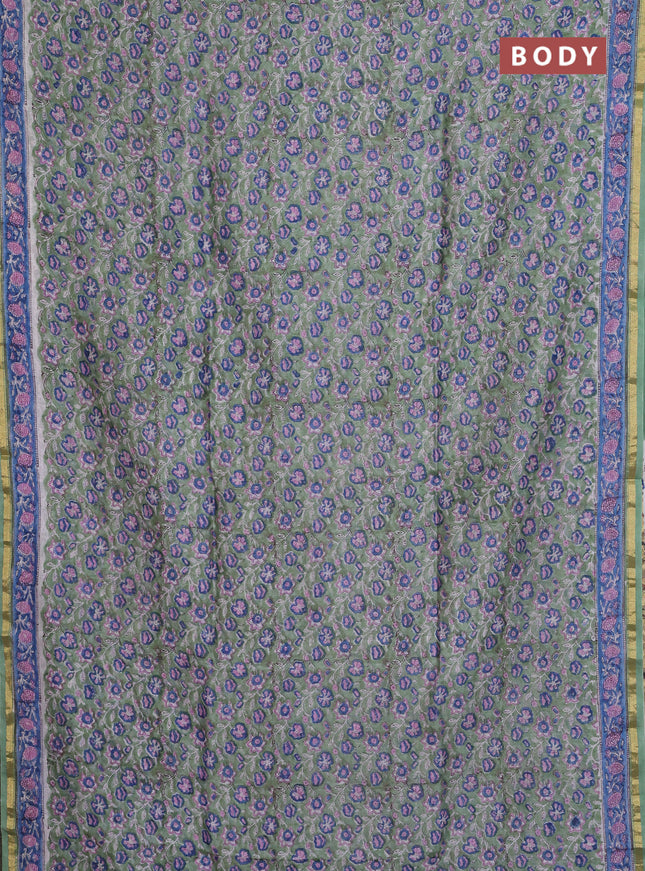 Chanderi bagru saree pastel green with allover floral prints and small zari woven border