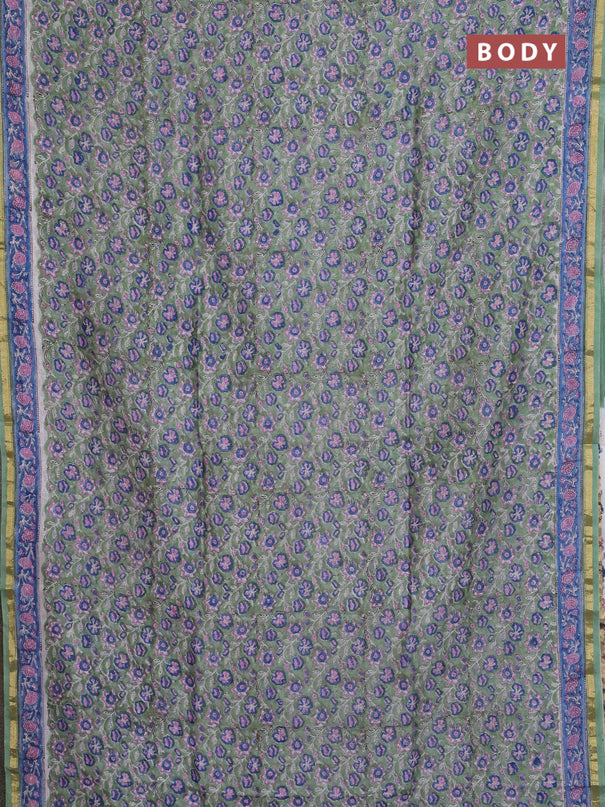 Chanderi bagru saree pastel green with allover floral prints and small zari woven border