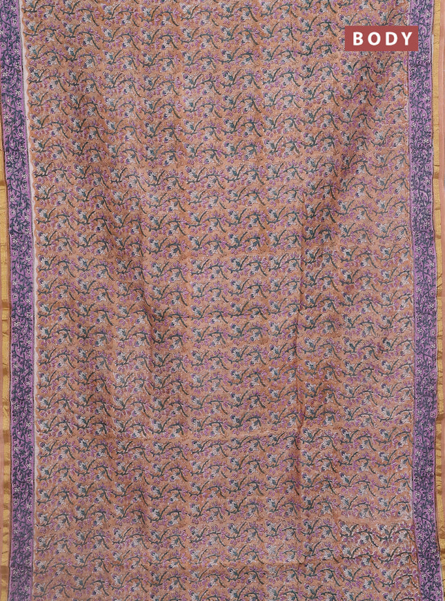 Chanderi bagru saree sandal and lavender with allover floral prints and small zari woven border