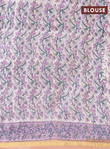 Chanderi bagru saree sandal and lavender with allover floral prints and small zari woven border