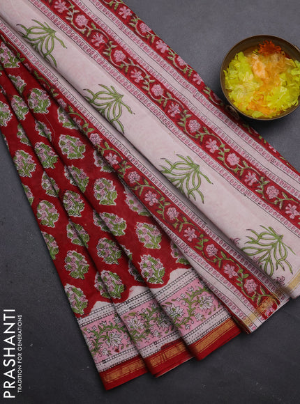 Chanderi bagru saree red and light pink with allover butta prints and small zari woven border
